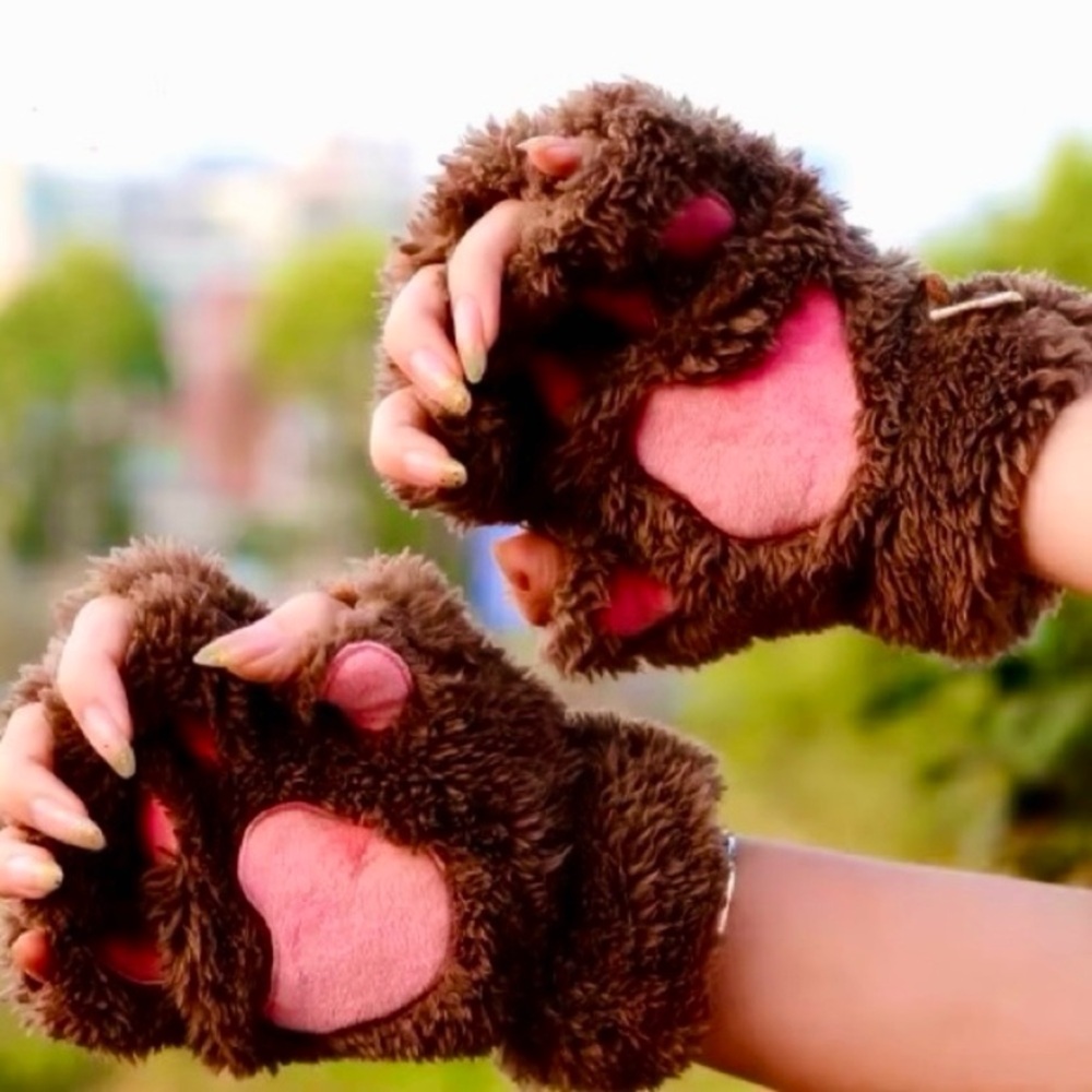 Dark Brown Cat Paw🐾 Fingerless Furry Gloves